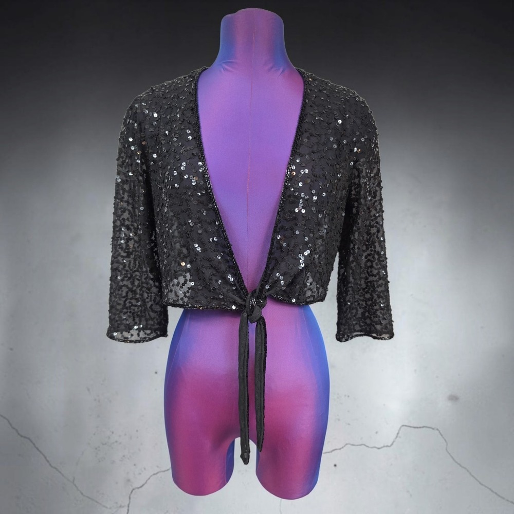 JmD New York Black Sequin Bolero Tie Front Cropped Shrug Jacket Small Vintage